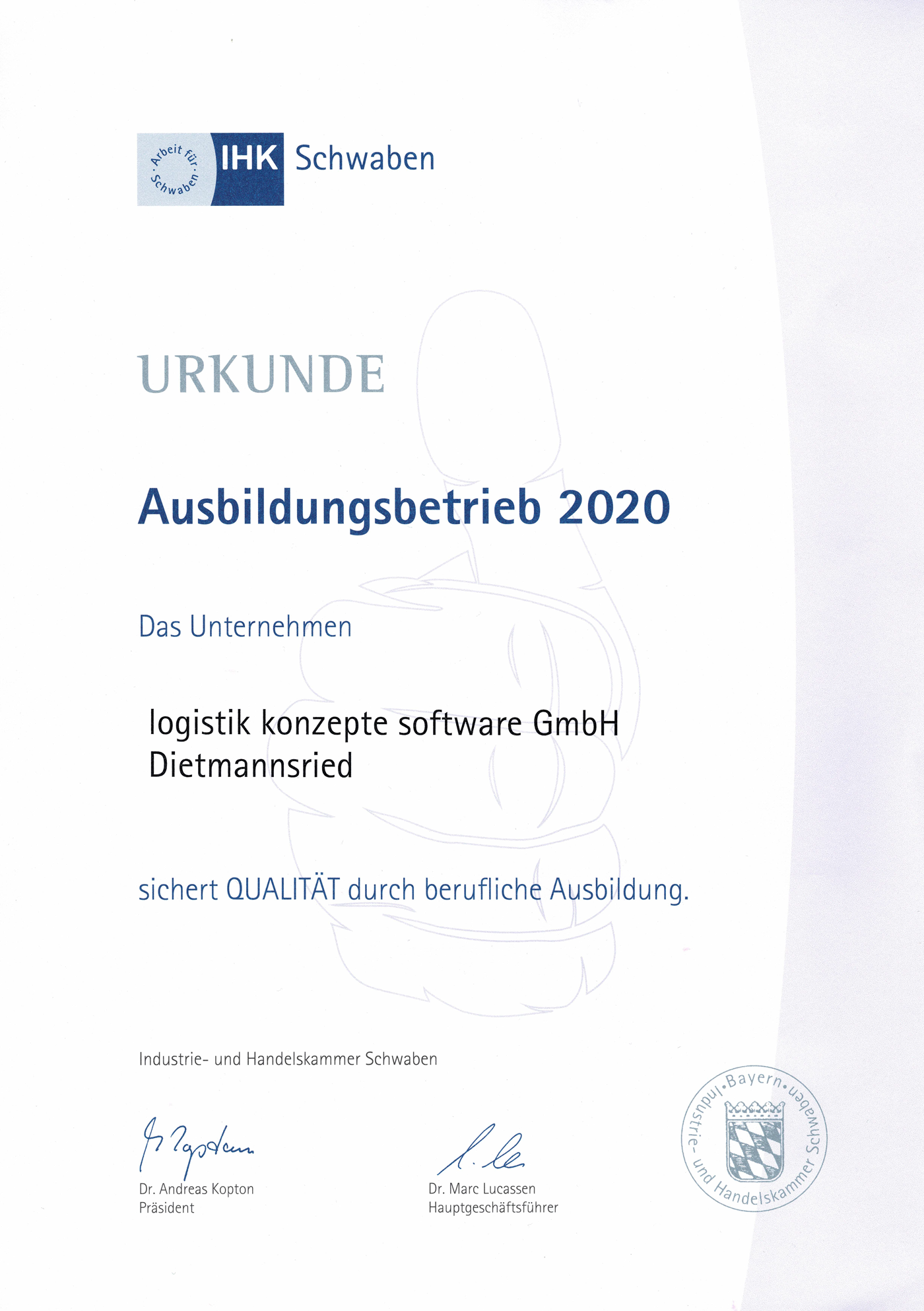 IHK zertifizierter Ausbildungsbetrieb 2020 Urkunde